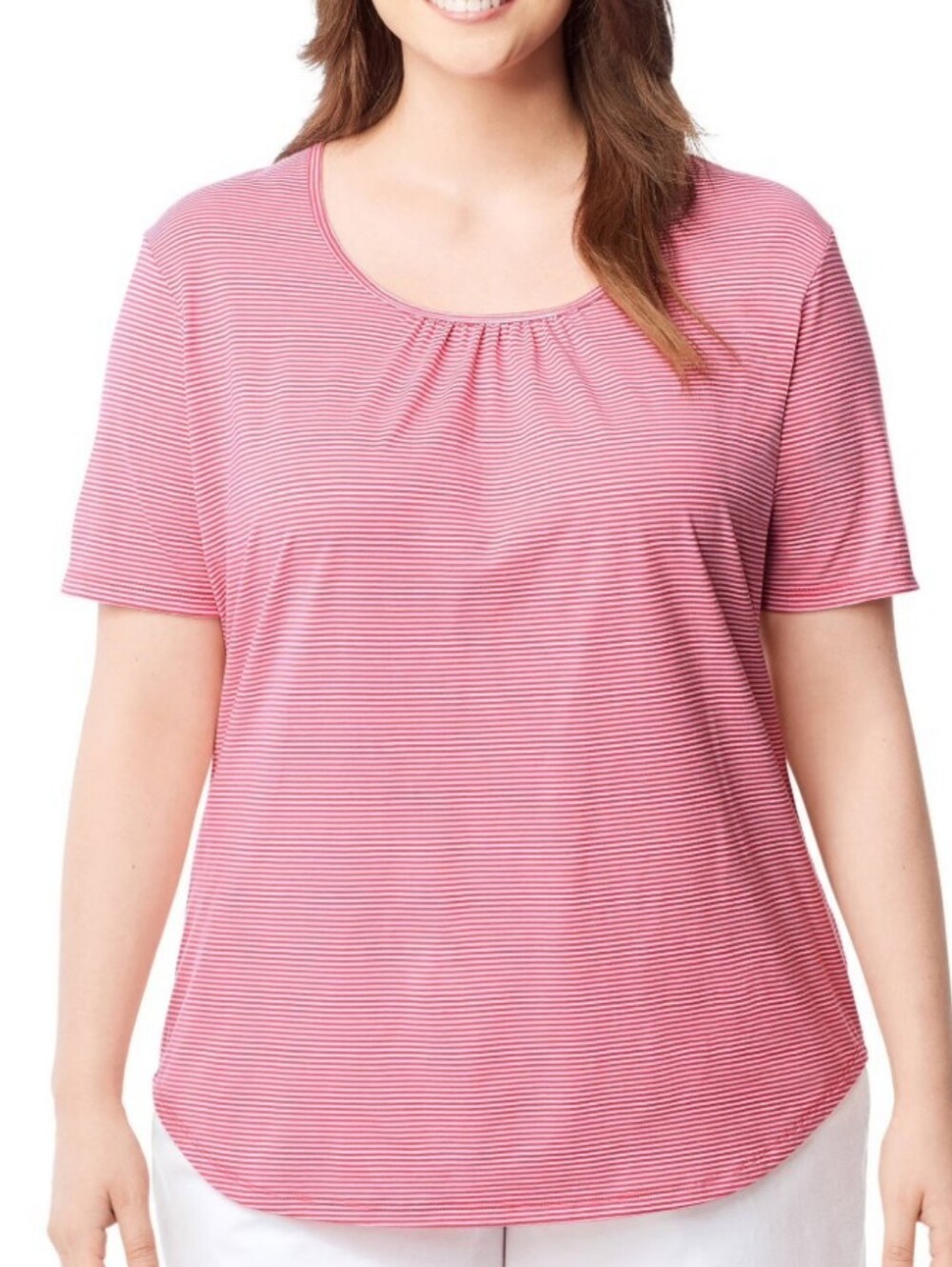 Just My Size Shirred and Striped Scoop-Neck Jersey Tee Plus-Size Pink Melon - 3X